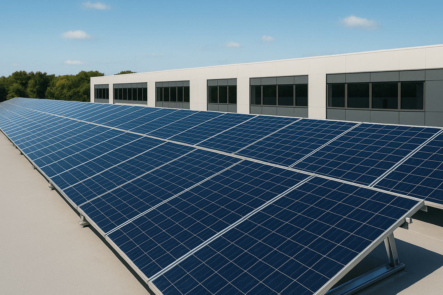 Large commercial building with a vast array of solar panels