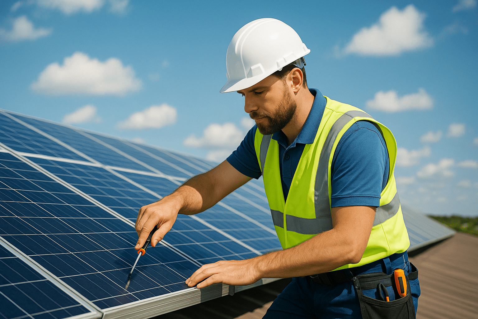 Technician maintaining solar panels on a roof