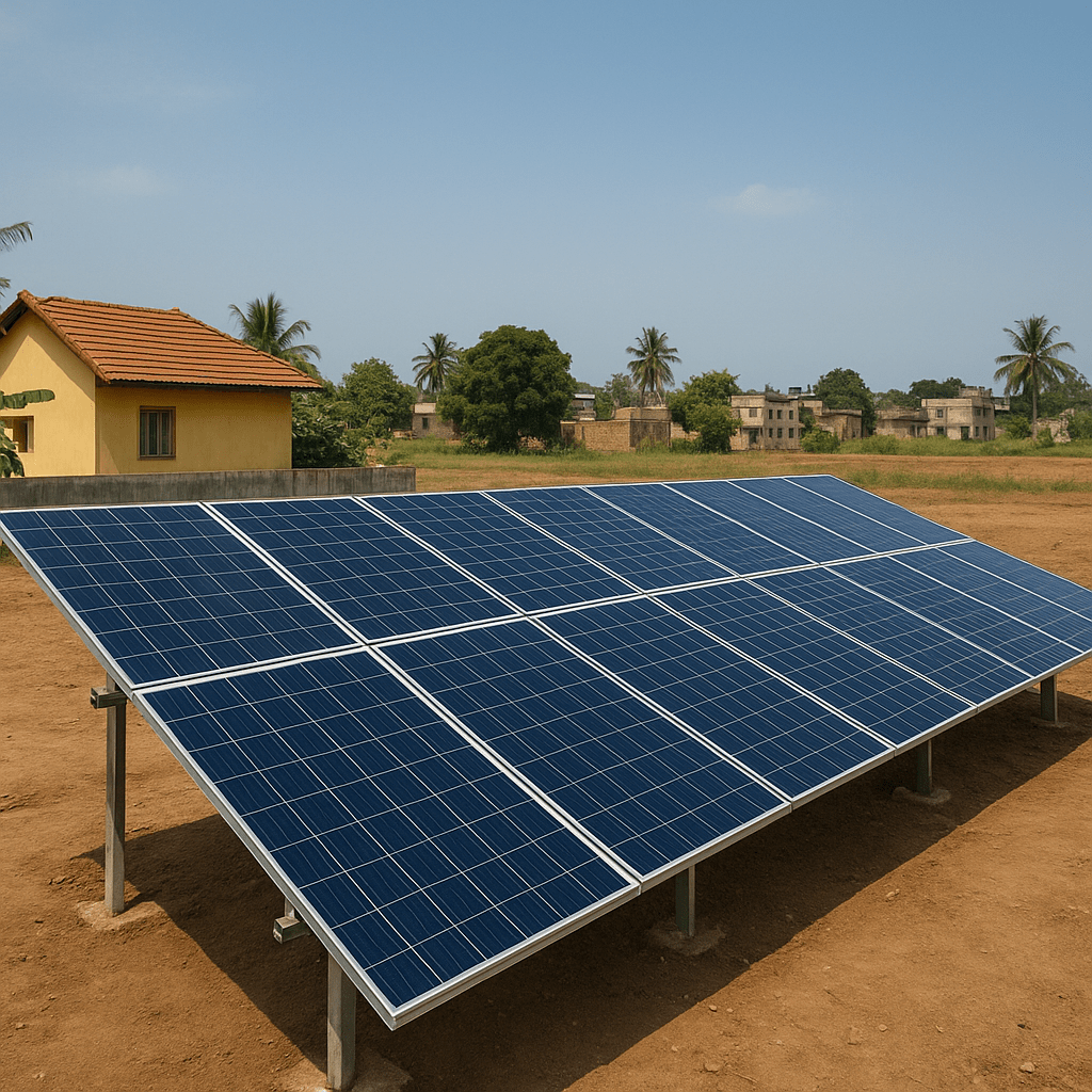 Expansive view of a solar farm under a clear blue sky